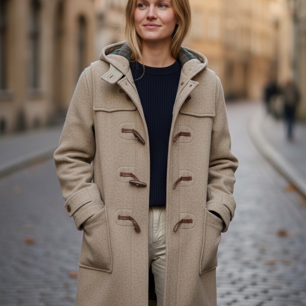 Lady Thompson Vintage Beige Hooded Wool Coat with Leather Toggles